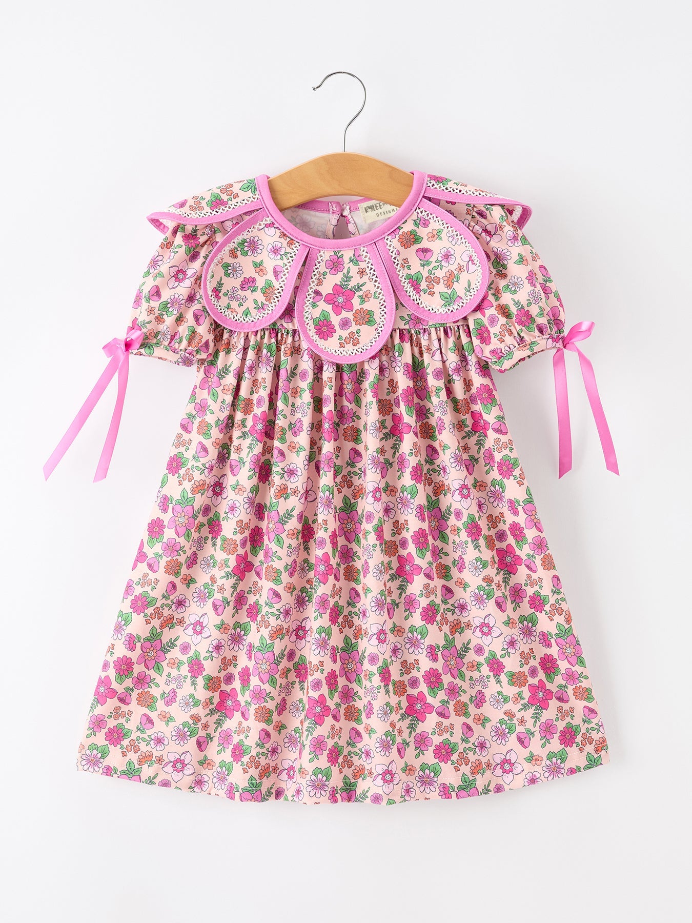 Pink Floral Bow Petals Collar Girls Dress