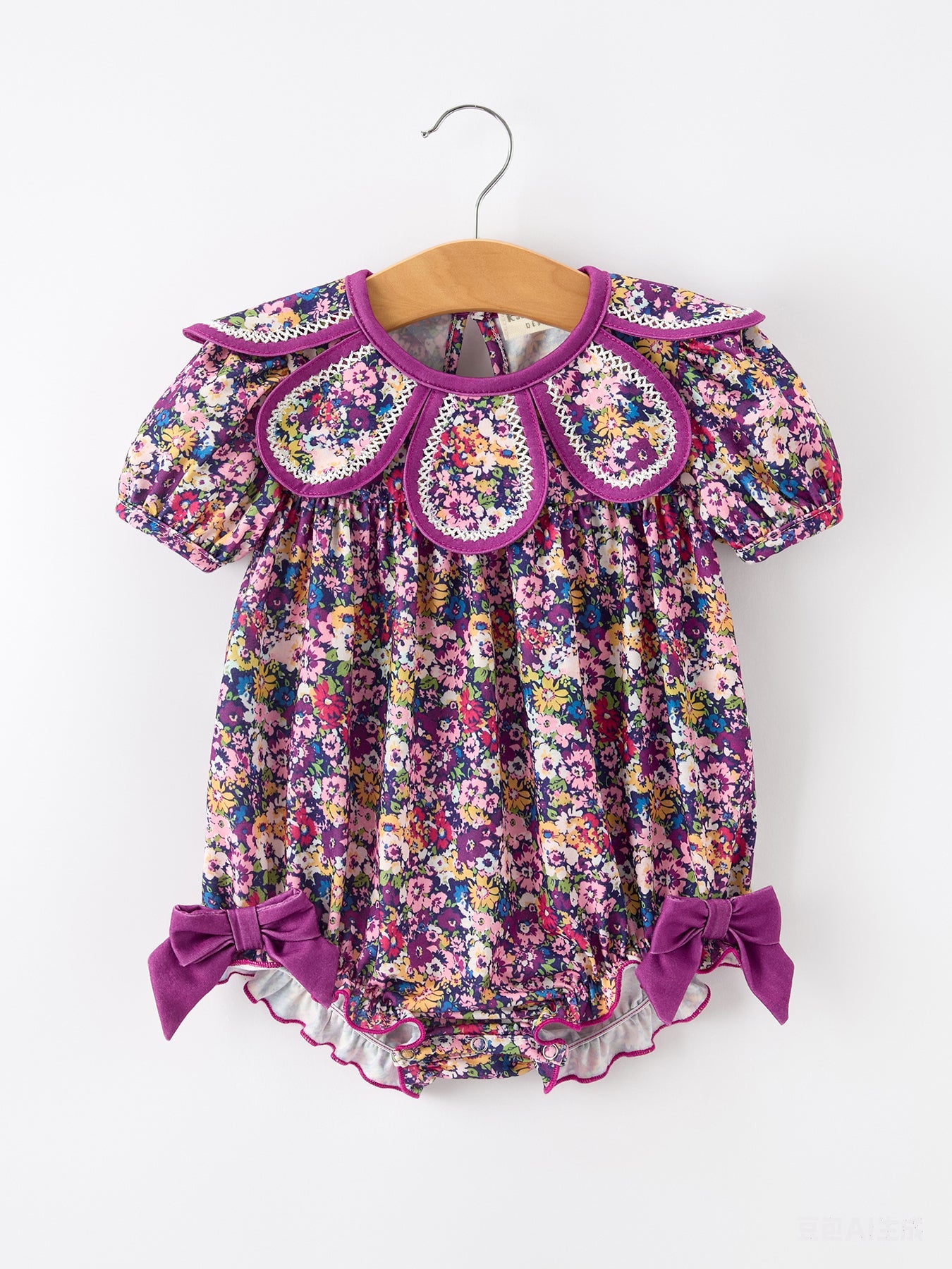 Purple Floral Bow Petals Collar Girls Romper