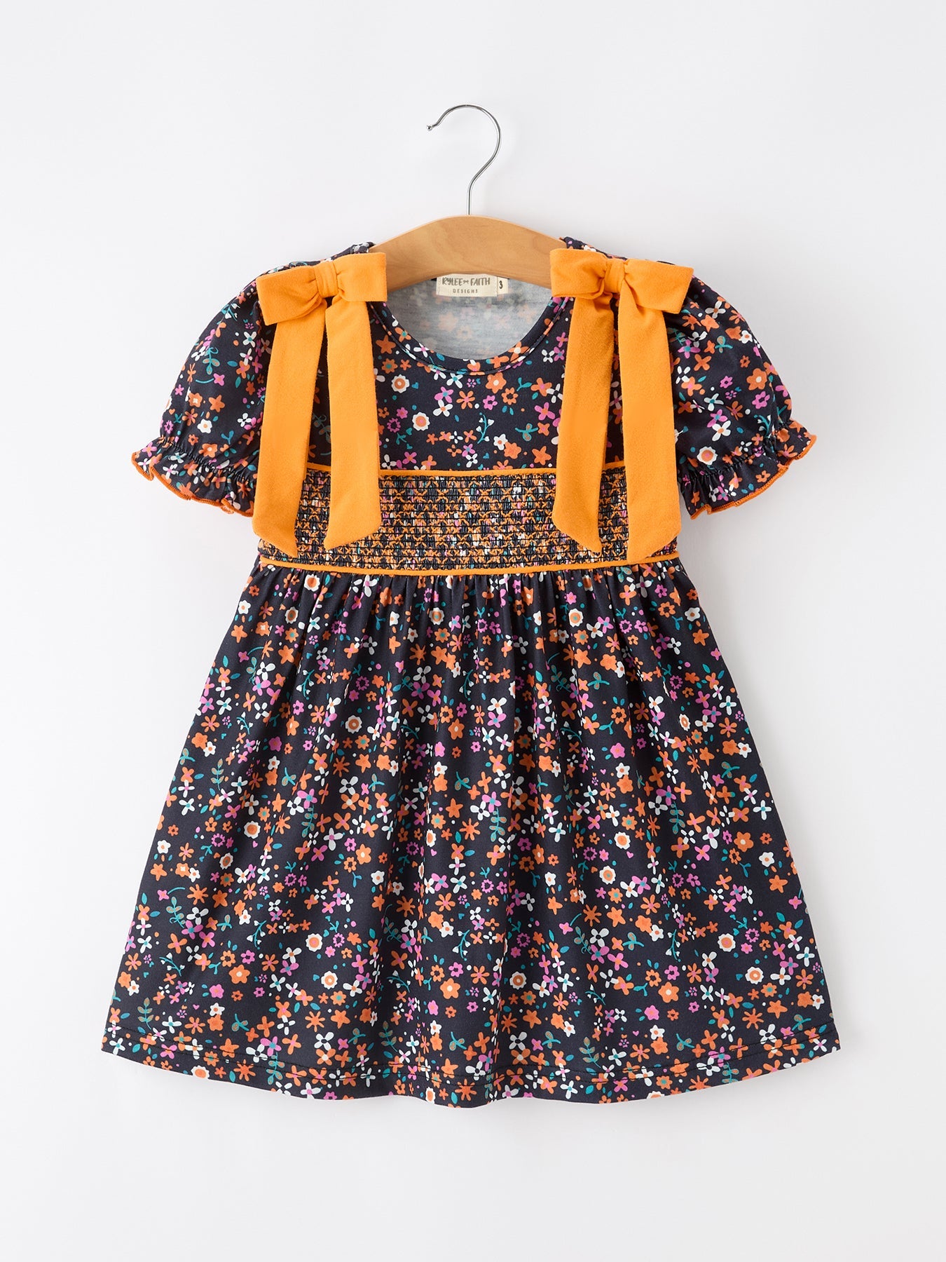 Fall Orange Bow Smocked Floral Girl Dress