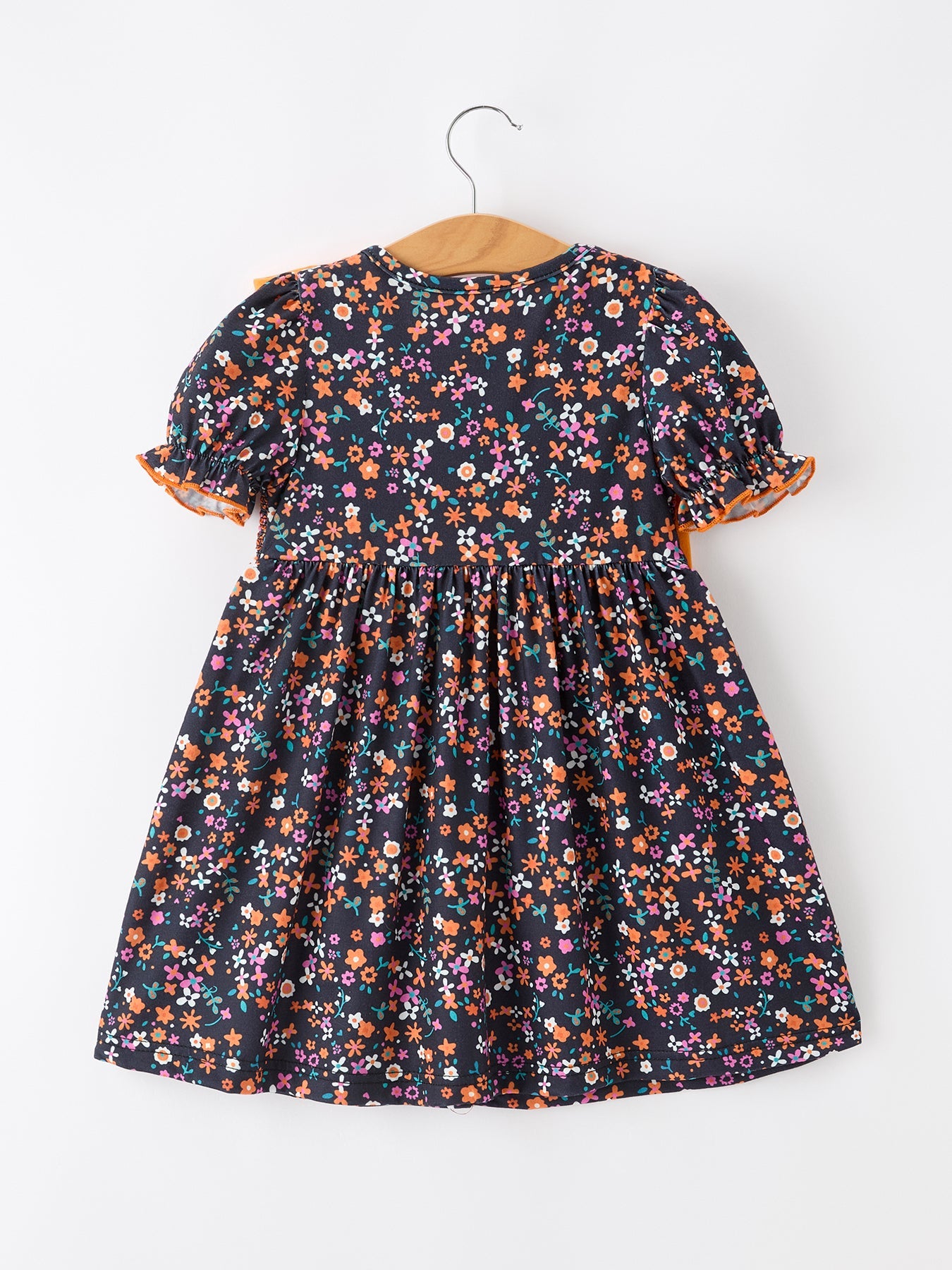 Fall Orange Bow Smocked Floral Girl Dress
