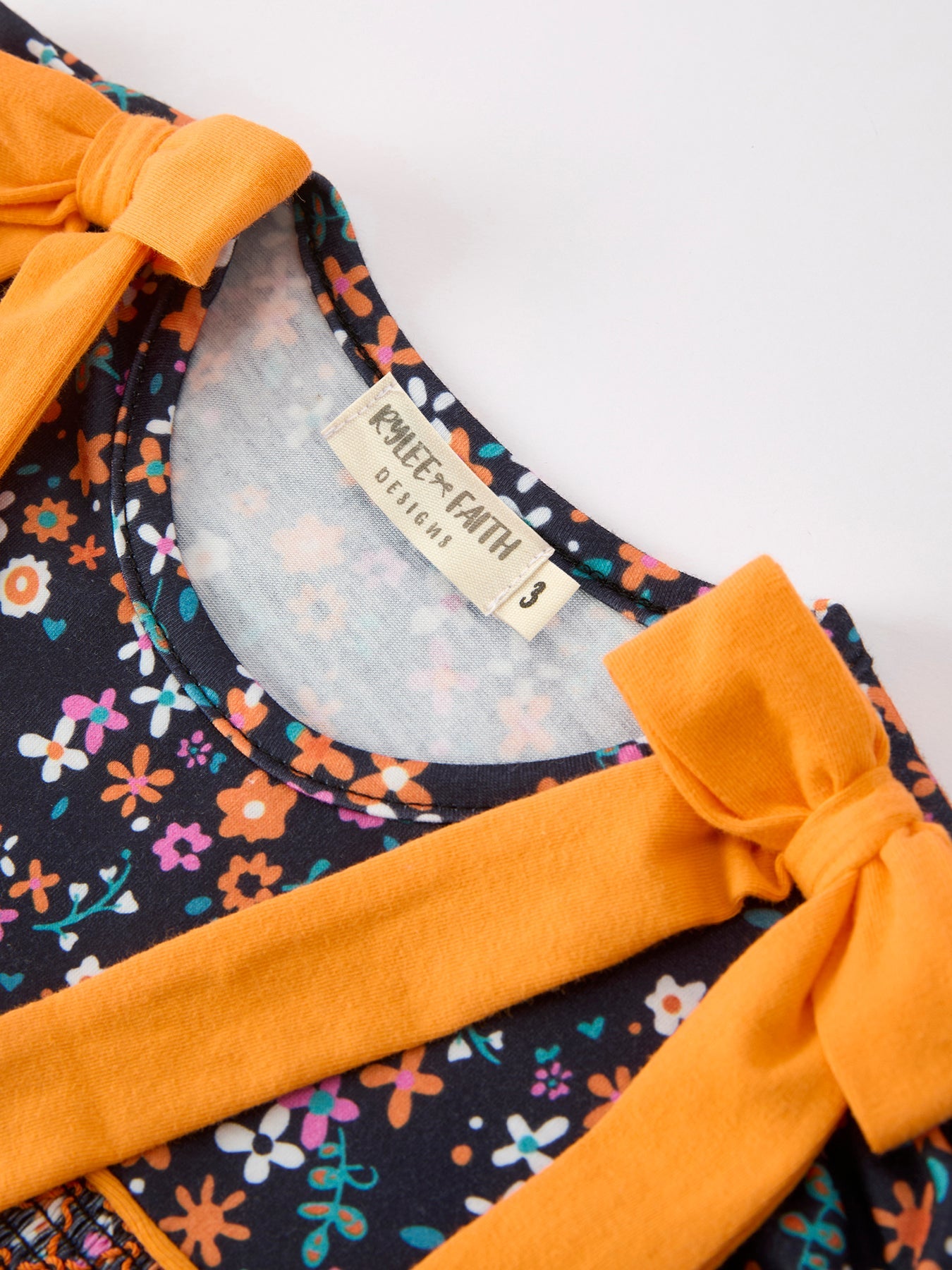 Fall Orange Bow Smocked Floral Girl Dress