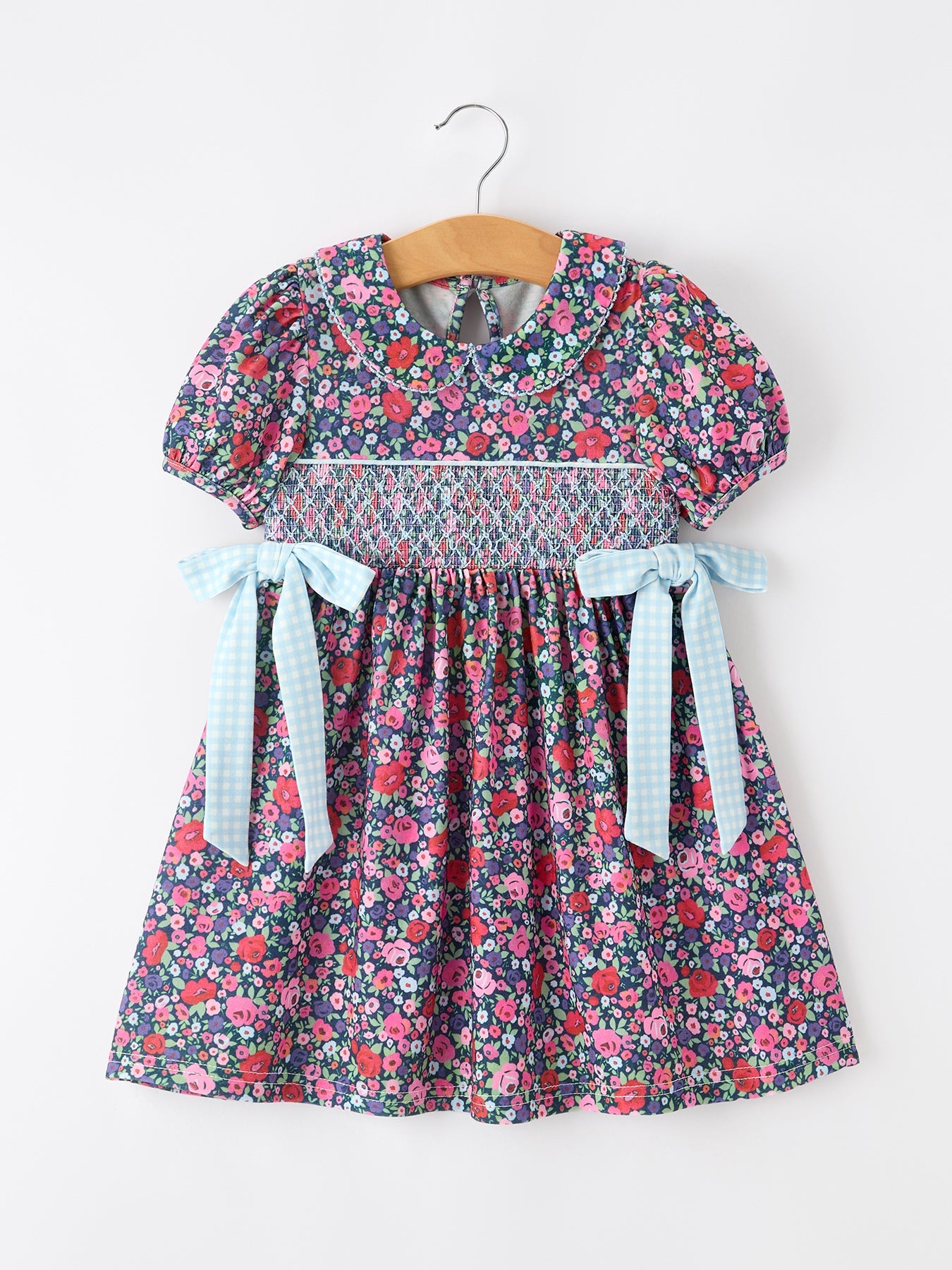 Blue Bow Smocked Floral Girl Dress