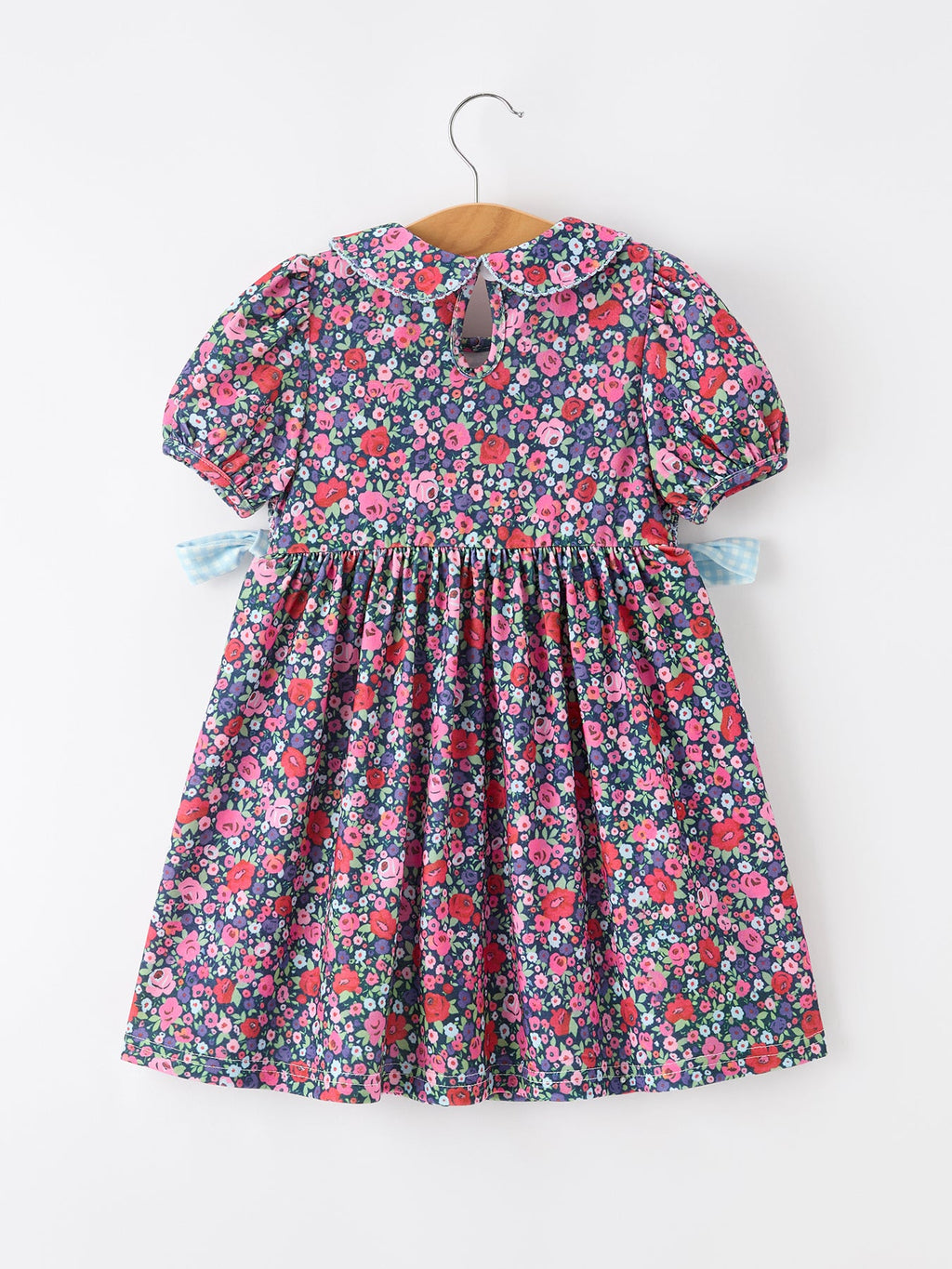 Blue Bow Smocked Floral Girl Dress
