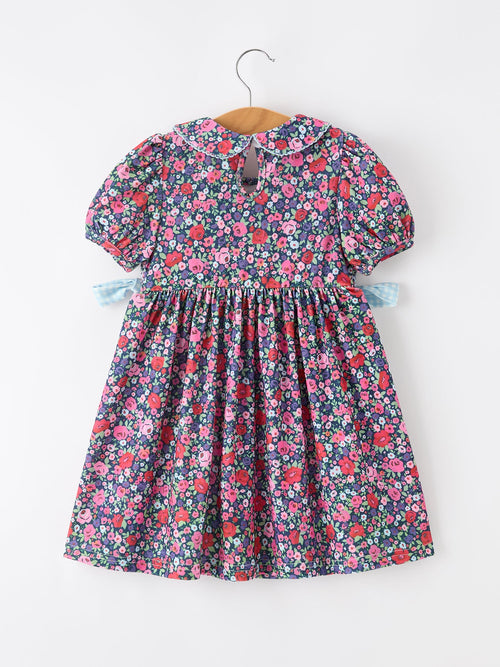Blue Bow Smocked Floral Girl Dress