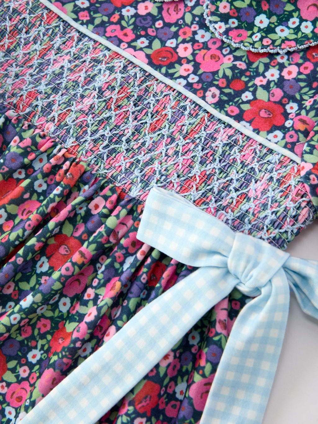 Blue Bow Smocked Floral Girl Dress