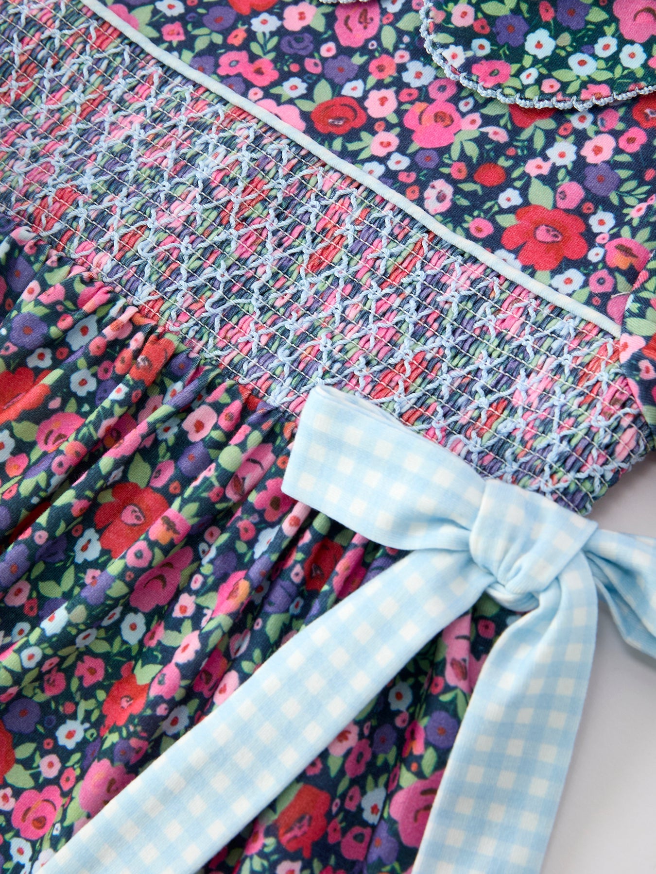 Blue Bow Smocked Floral Girl Dress