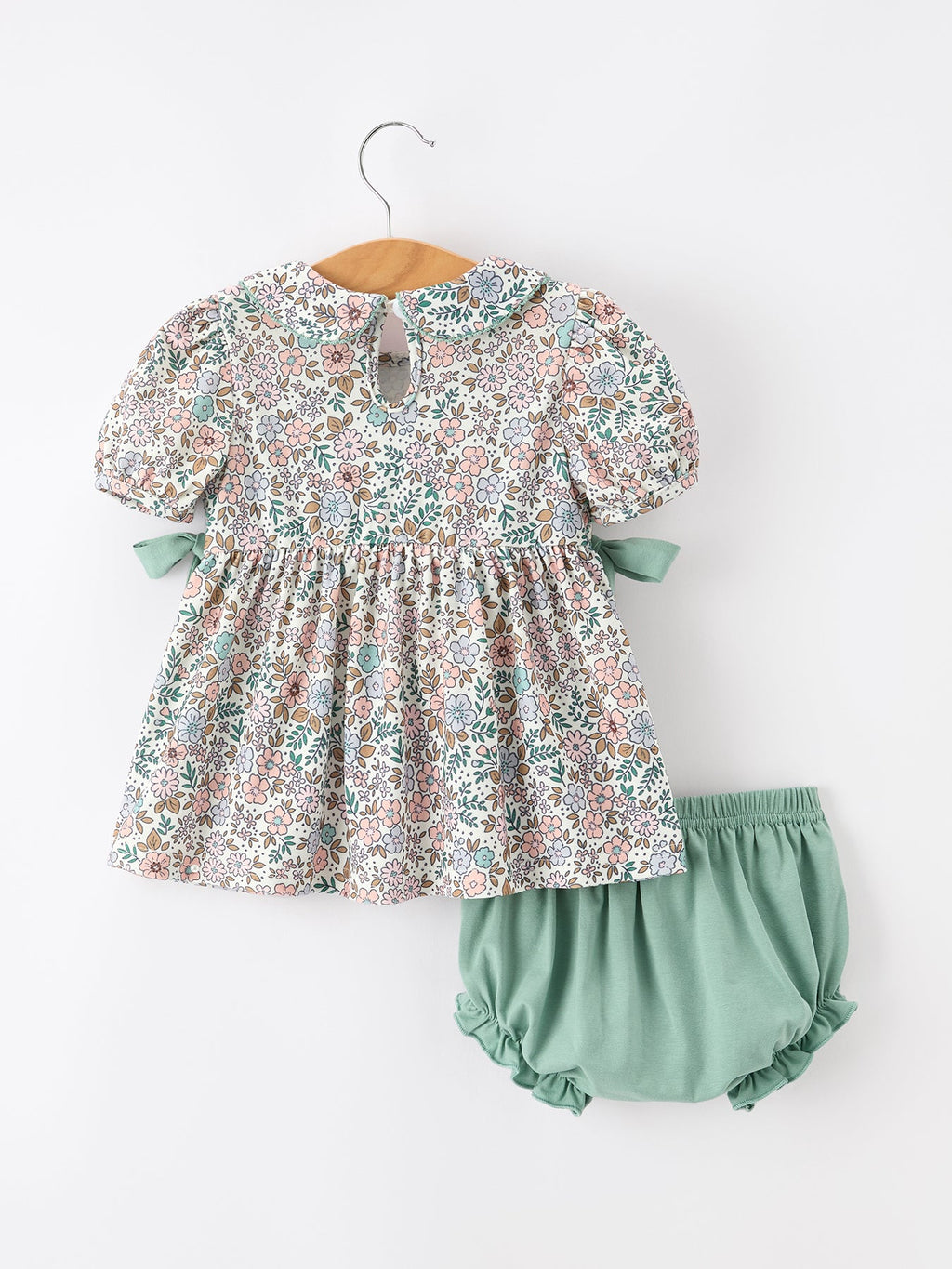Sage Green Floral Smocked Girl Bloomer Set