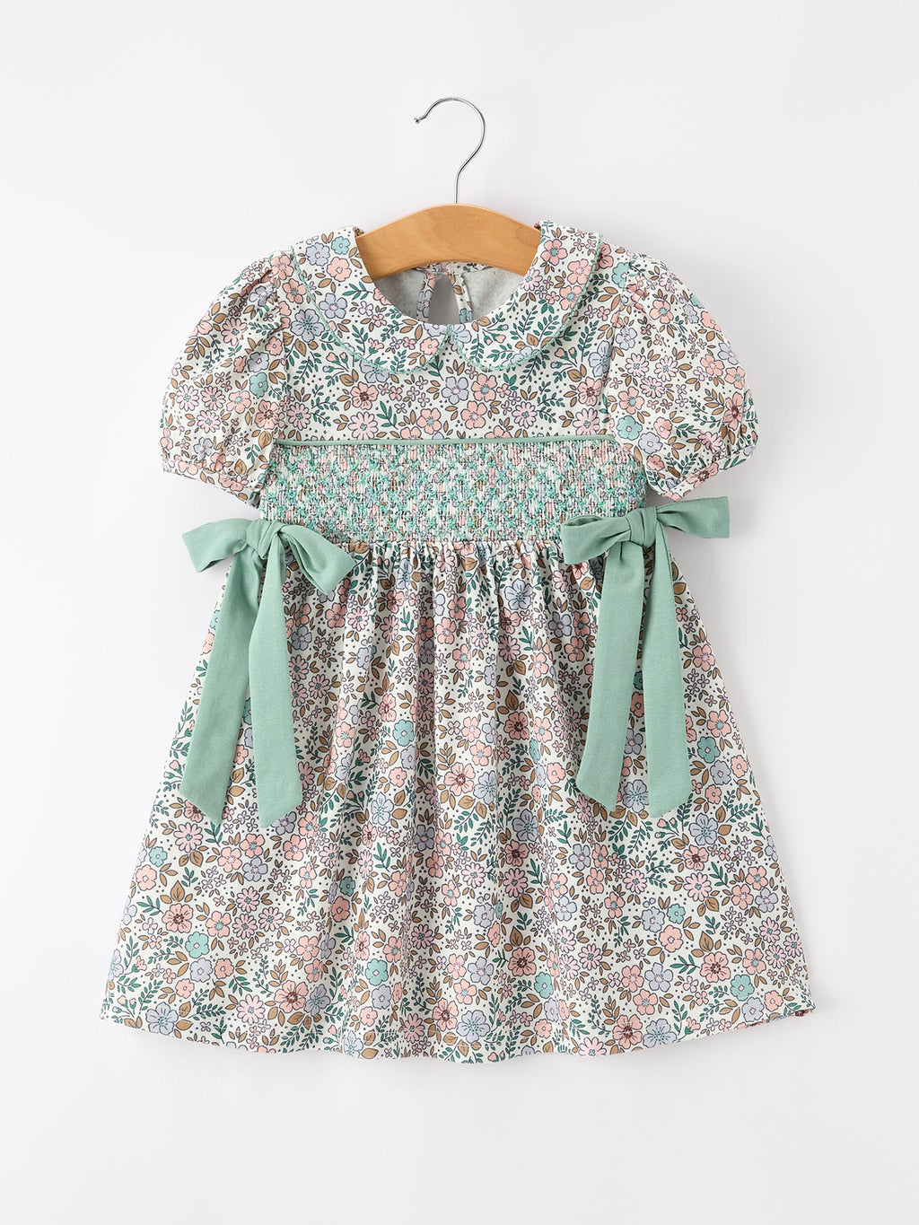 Sage Green Bow Floral Smocked Girl Dress