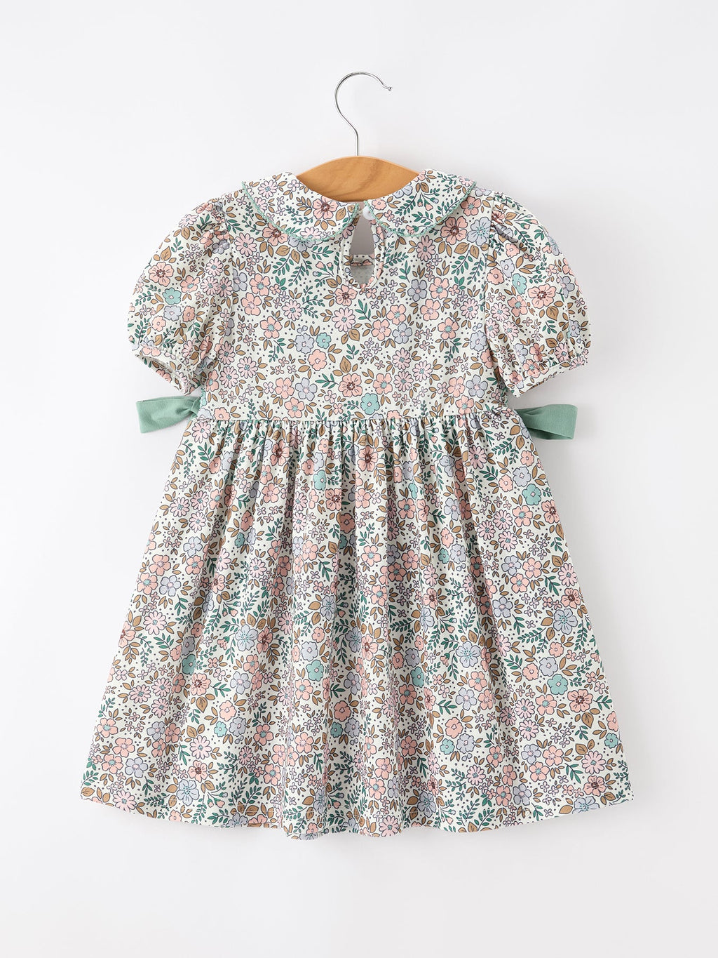 Sage Green Bow Floral Smocked Girl Dress