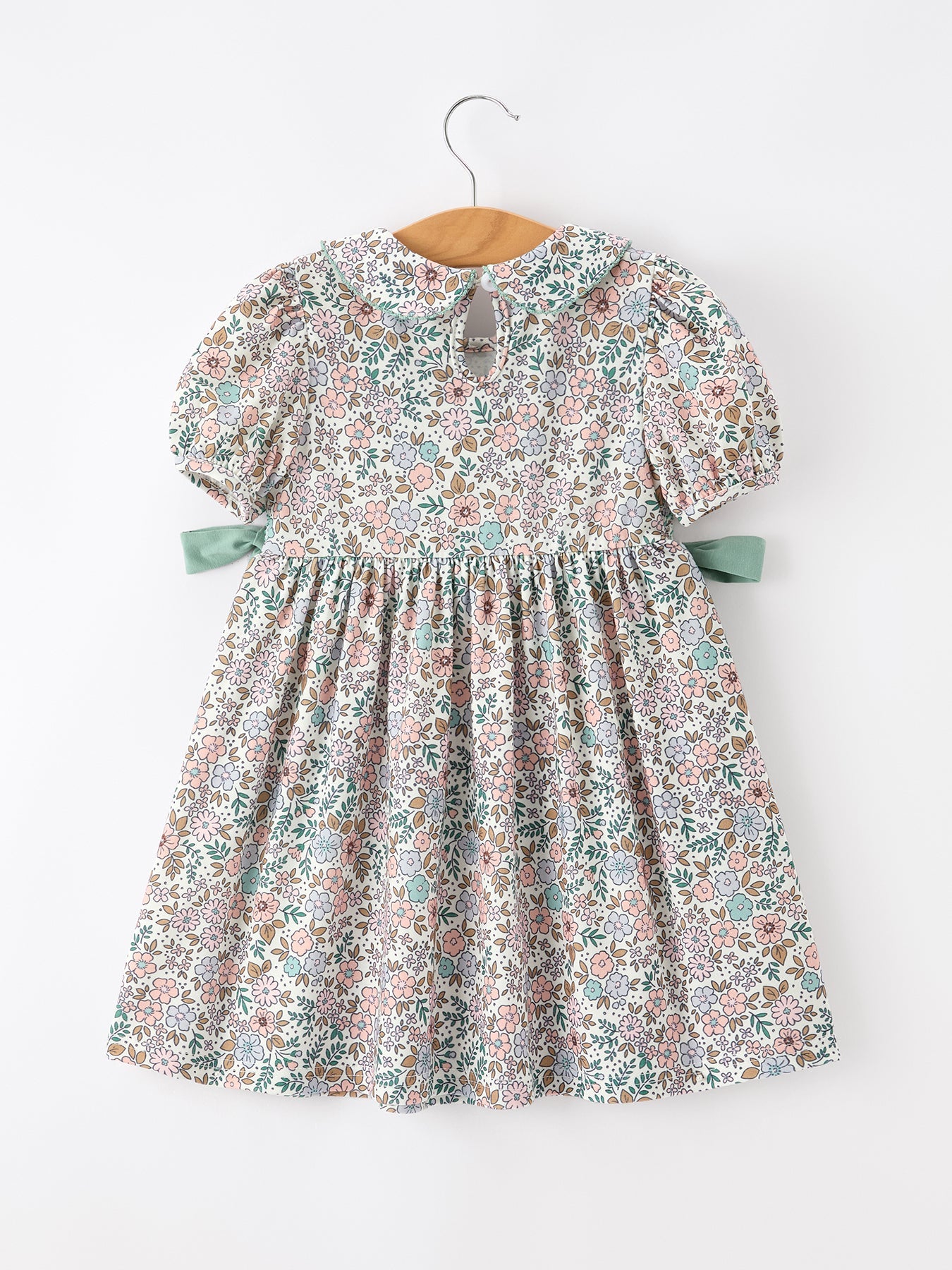Sage Green Bow Floral Smocked Girl Dress