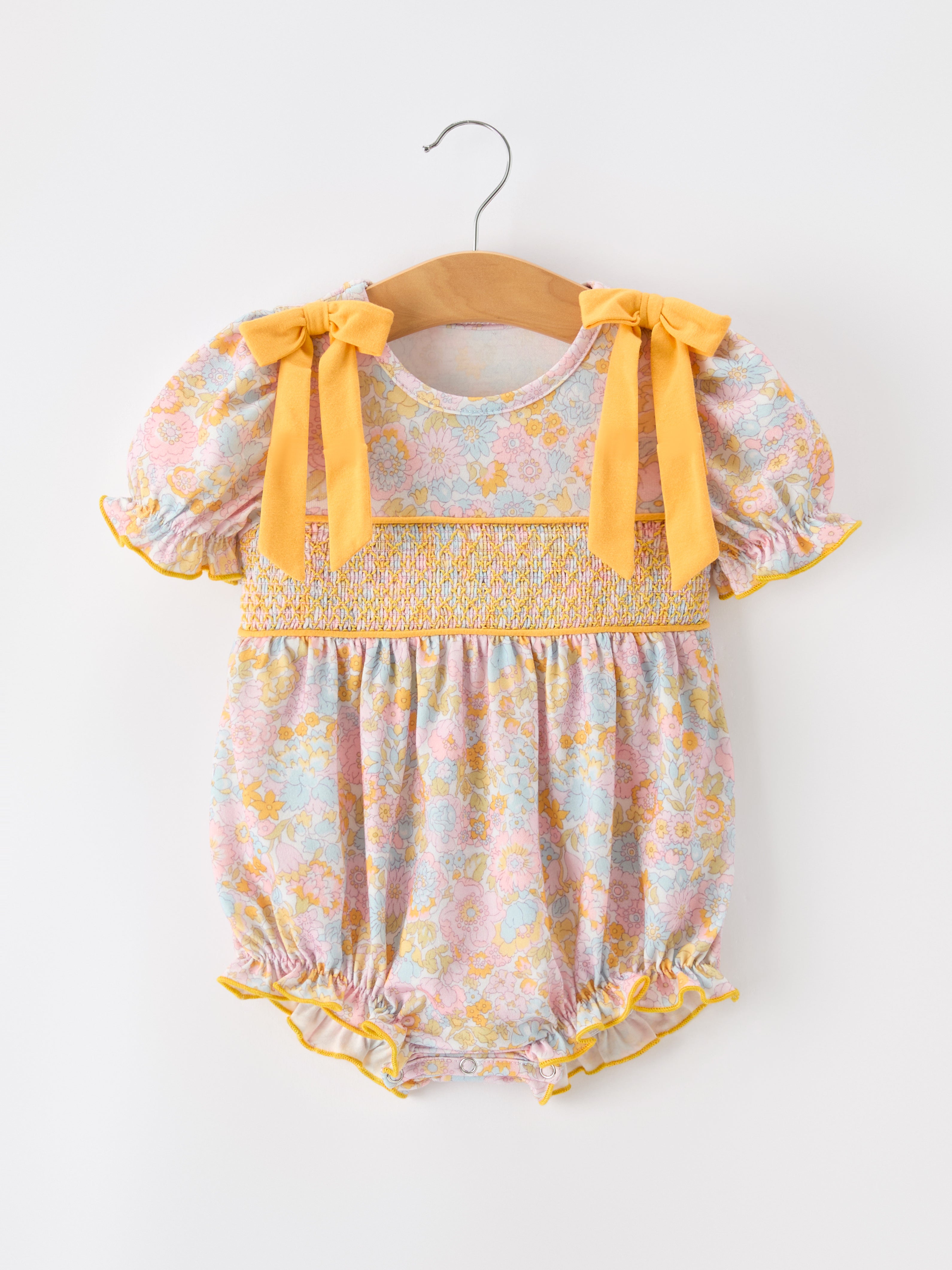 Yellow Bow Smocked Floral Baby Bubble