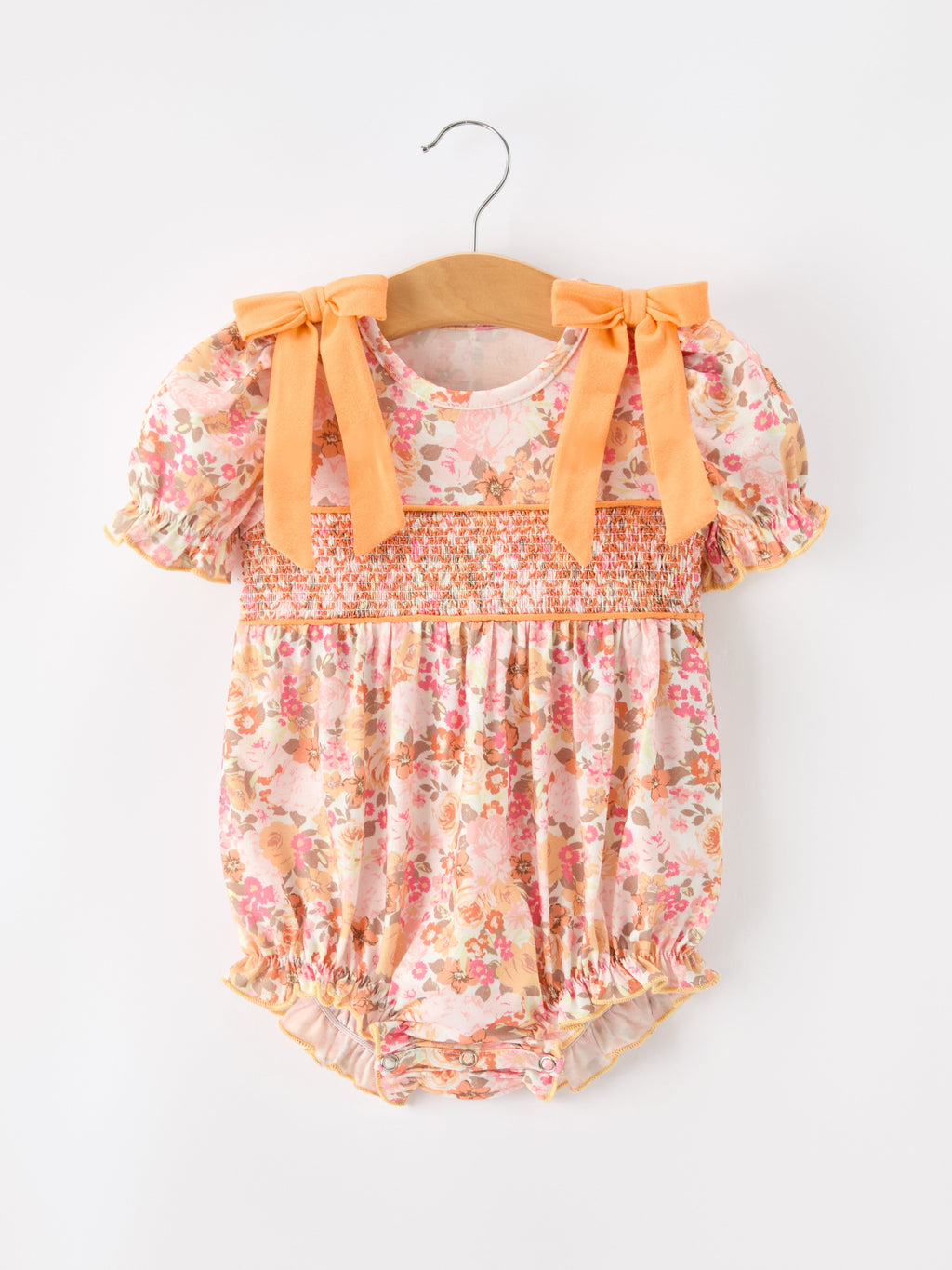 Peach Bow Smocked Floral Baby Bubble