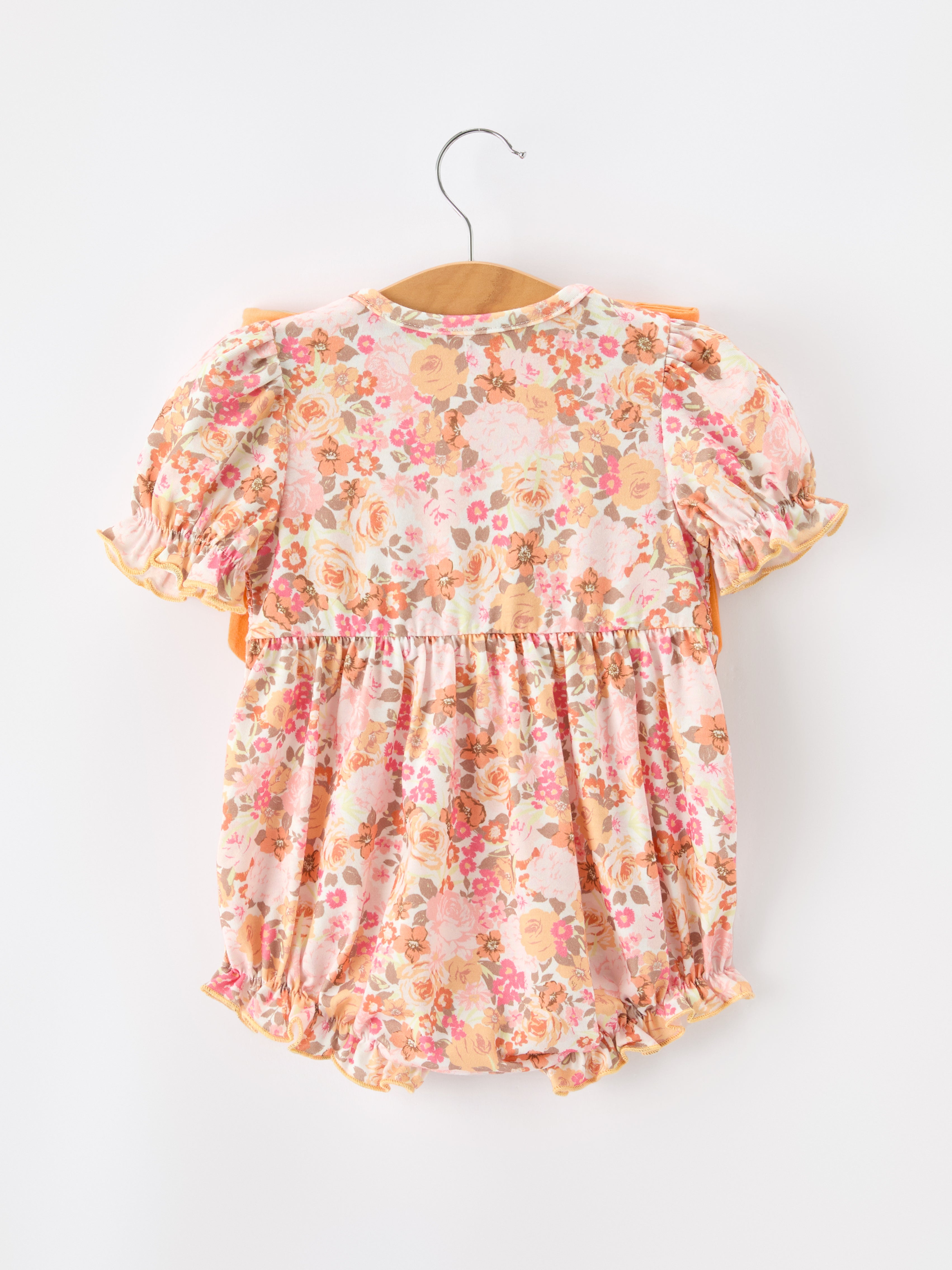 Peach Bow Smocked Floral Baby Bubble