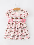 Western Horse Smocked Girls Dress Bow Ruffle Short Sleeve