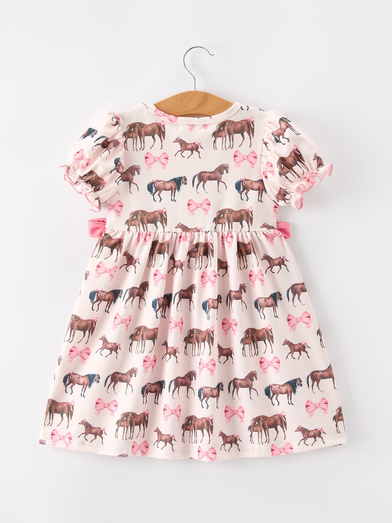 Western Horse Smocked Girls Dress Bow Ruffle Short Sleeve