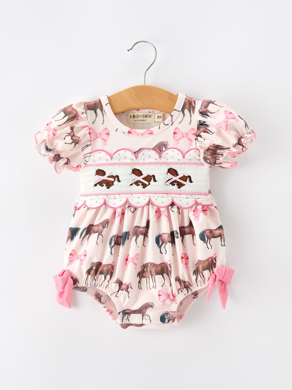 Western Horse Smocked Girls Romper Bow Ruffle Short Sleeve