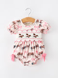 Western Horse Smocked Girls Romper Bow Ruffle Short Sleeve