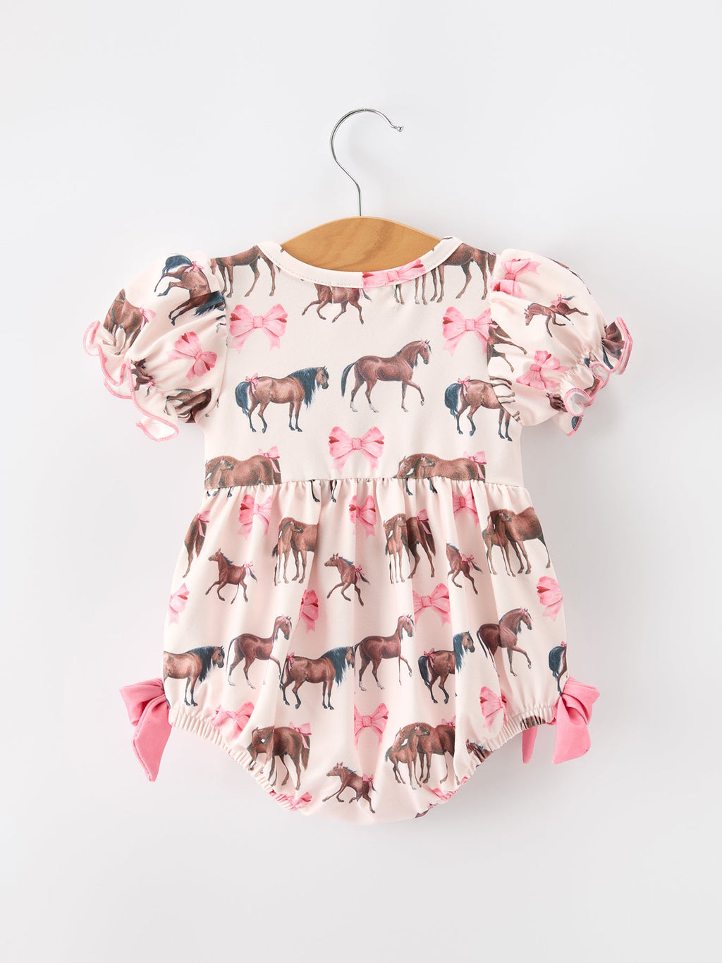 Western Horse Smocked Girls Romper Bow Ruffle Short Sleeve
