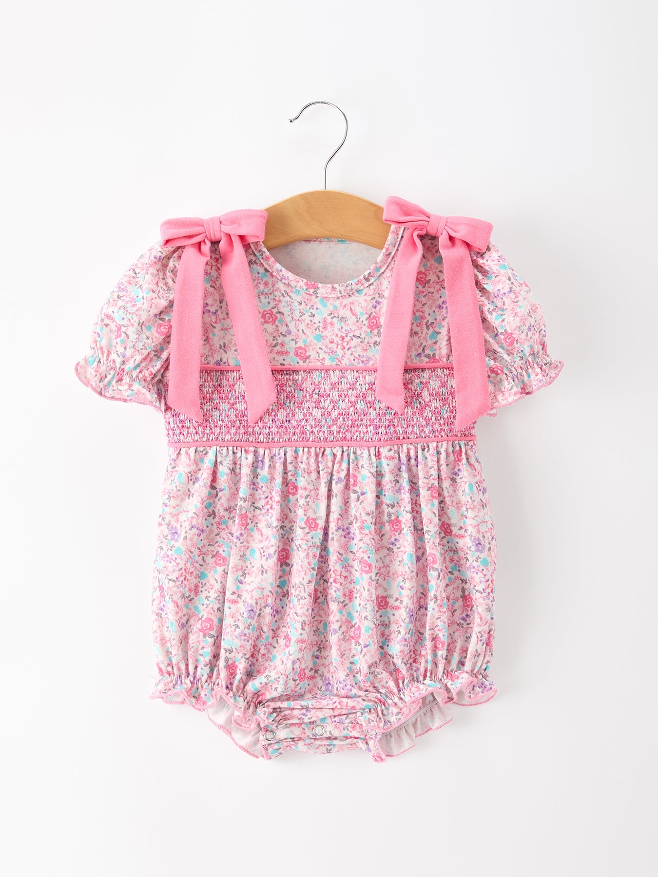 Pink Bow Smocked Floral Baby Bubble