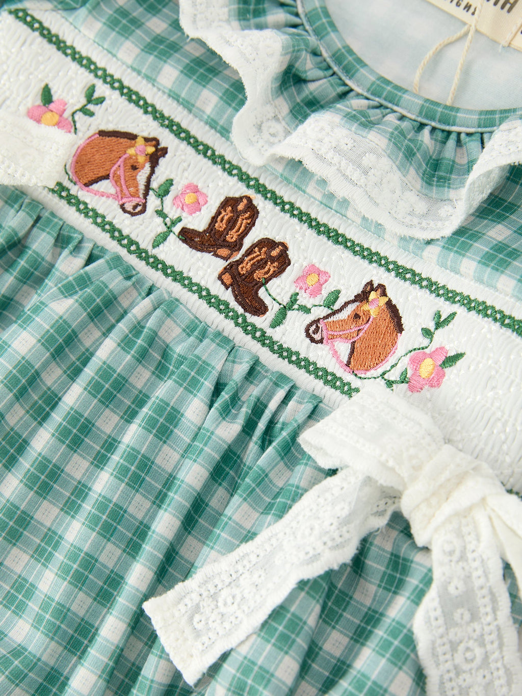 Western Plaid Horse Embroidered Girl Bubble Romper