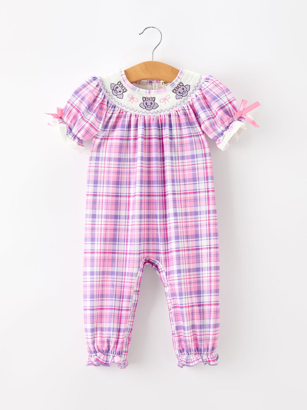 Halloween Plaid Bat Smocked Girls Romper