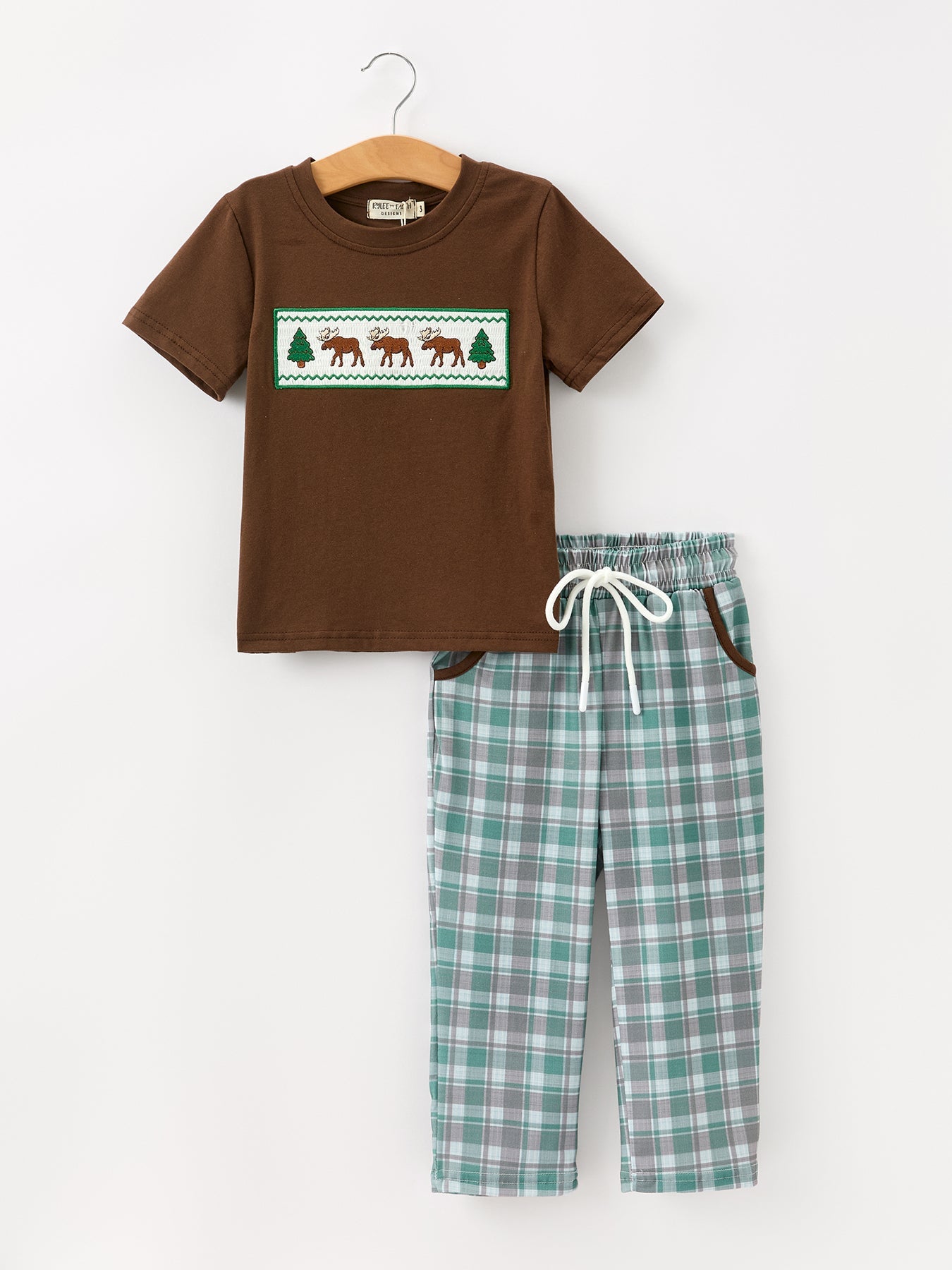 Plaid Moose Smocked Boys Short Sleeve Pant Set