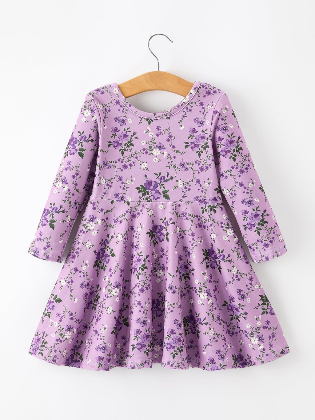 Fall Lavender Floral Print Girls Long Sleeve Twirl Dress