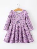 Fall Lavender Floral Print Girls Long Sleeve Twirl Dress