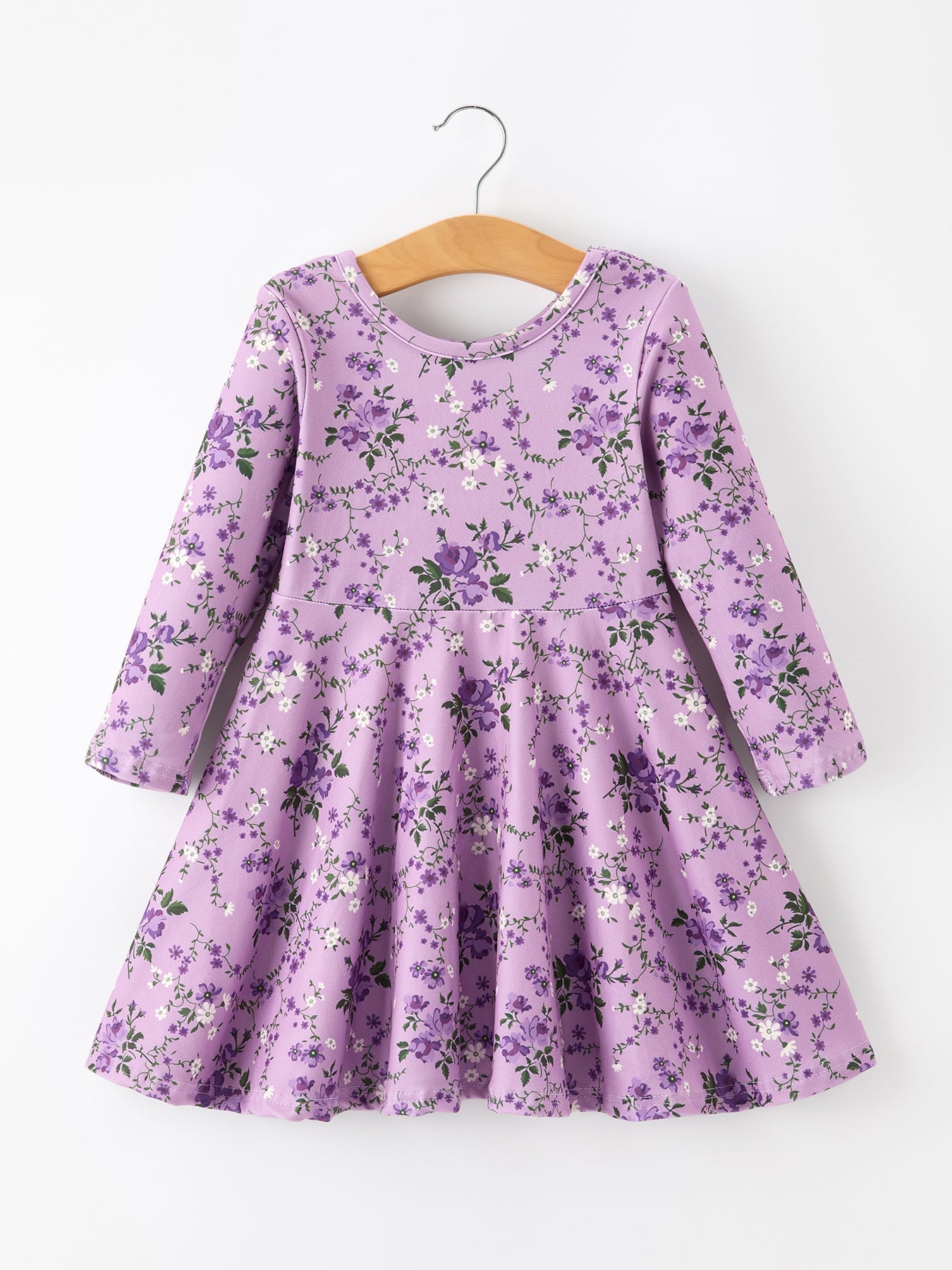 Fall Lavender Floral Print Girls Long Sleeve Twirl Dress
