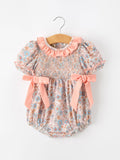 Fall Floral Baby Romper Smocked Ruffle Neck Bow