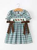 Plaid Moose Smocked Girls Puff Sleeve Dress