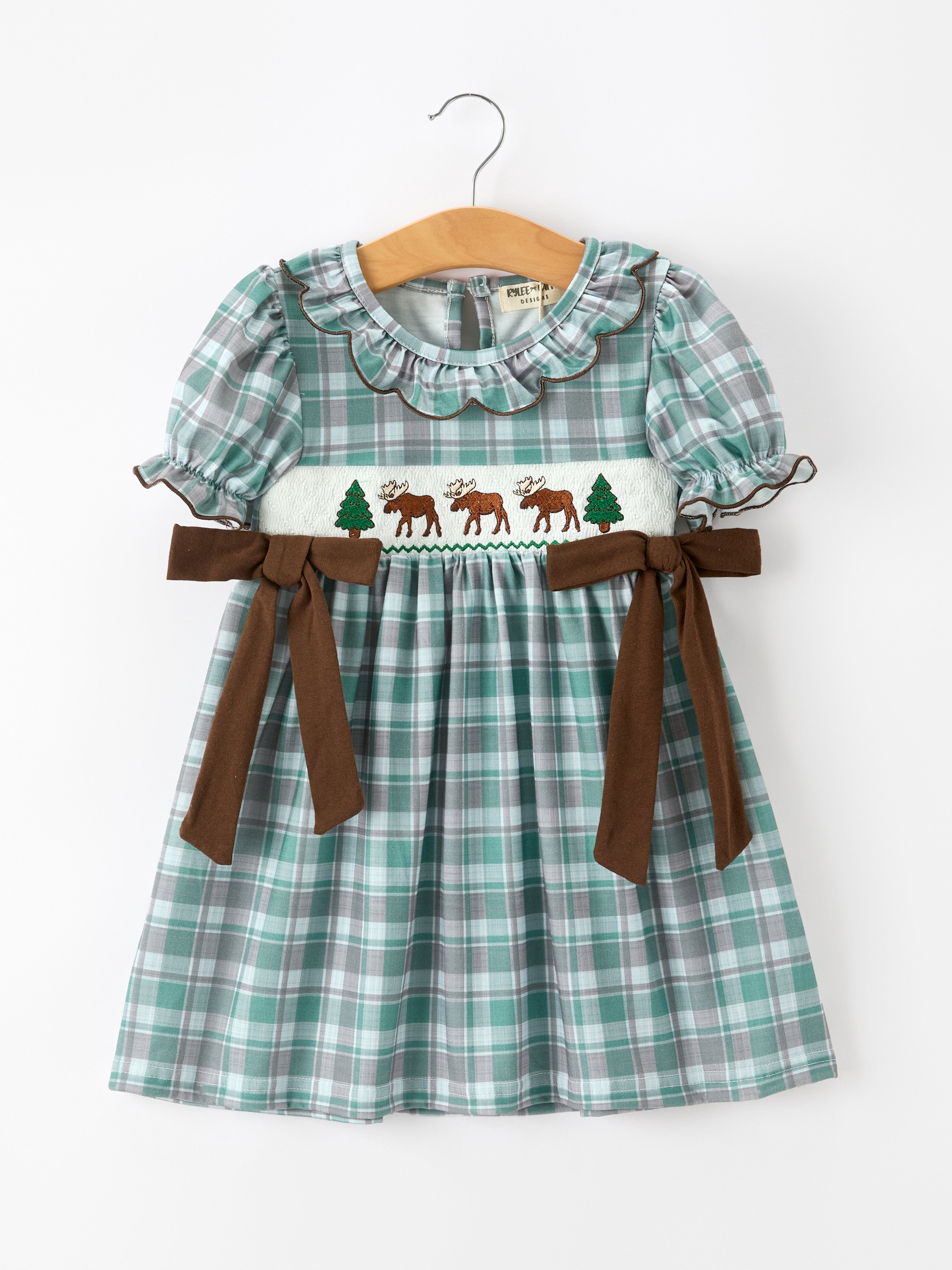 Plaid Moose Smocked Girls Puff Sleeve Dress