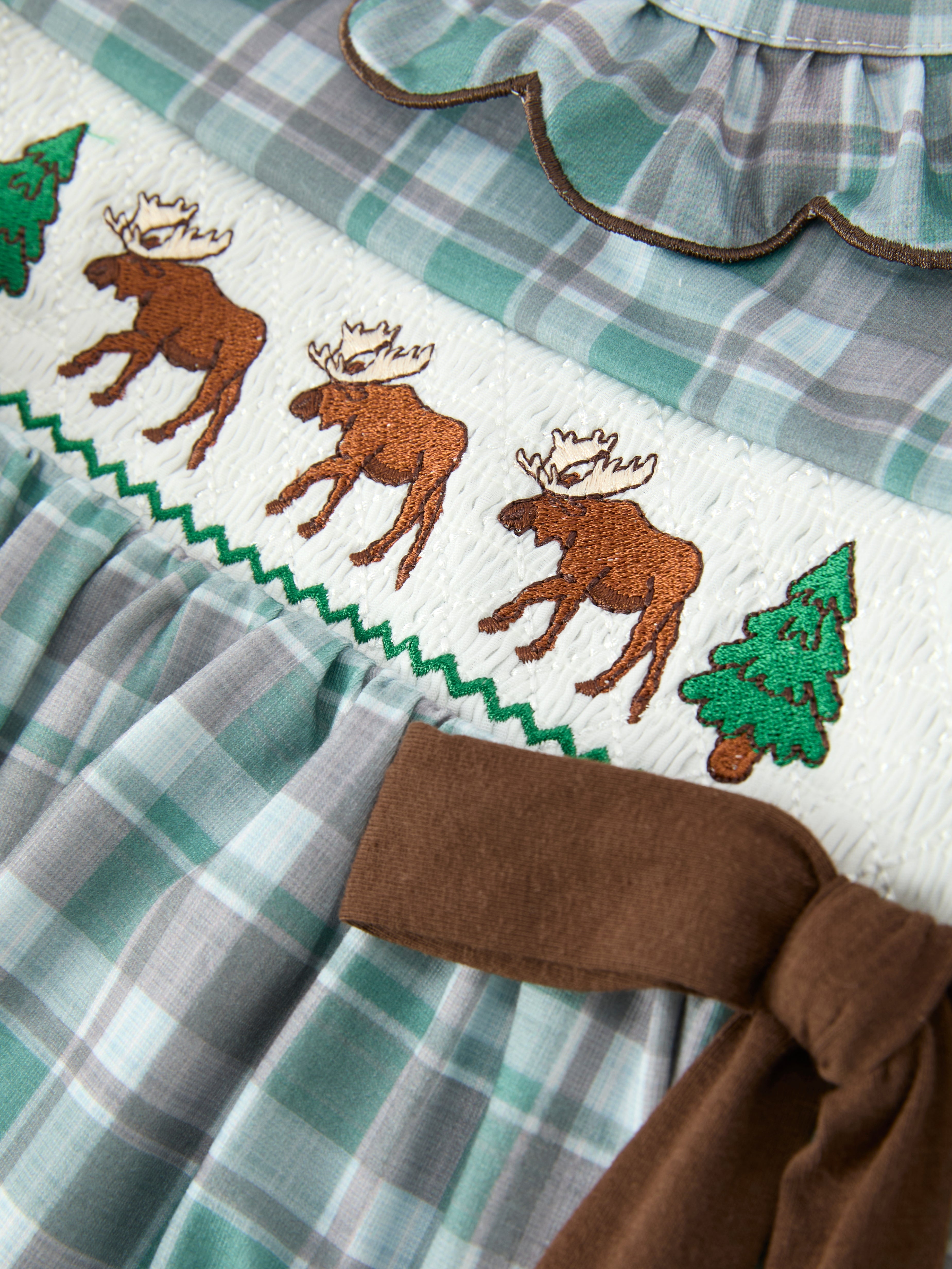 Plaid Moose Smocked Girls Puff Sleeve Dress