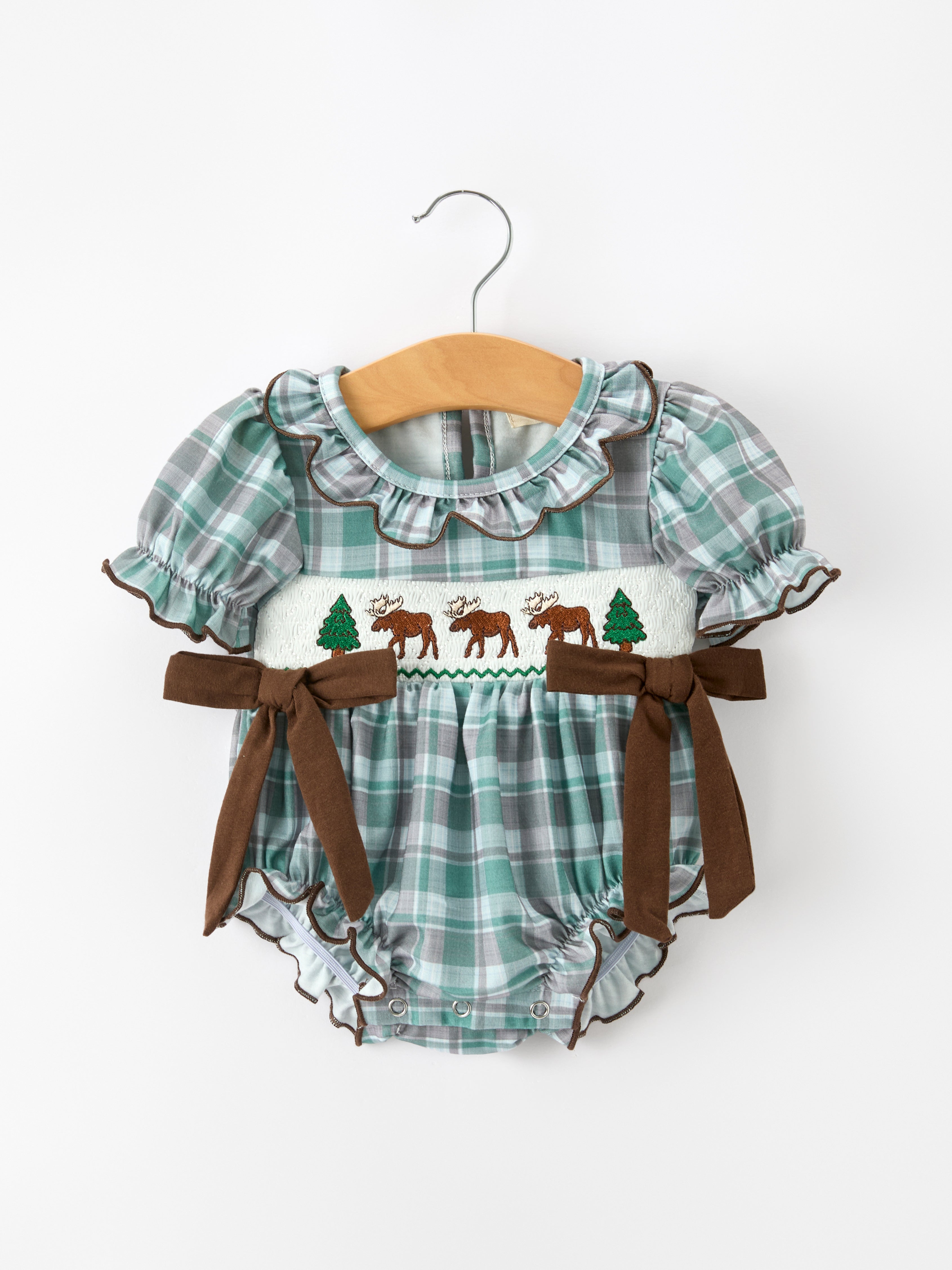 Plaid Moose Smocked Baby Girl Bubble Romper