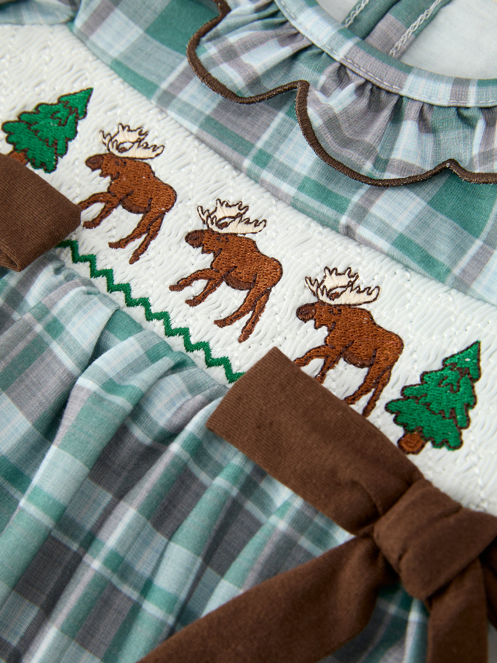 Plaid Moose Smocked Baby Girl Bubble Romper