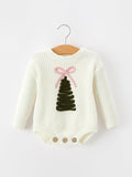 Winter Christmas Tree Girls Knit Romper Bow Long Sleeve