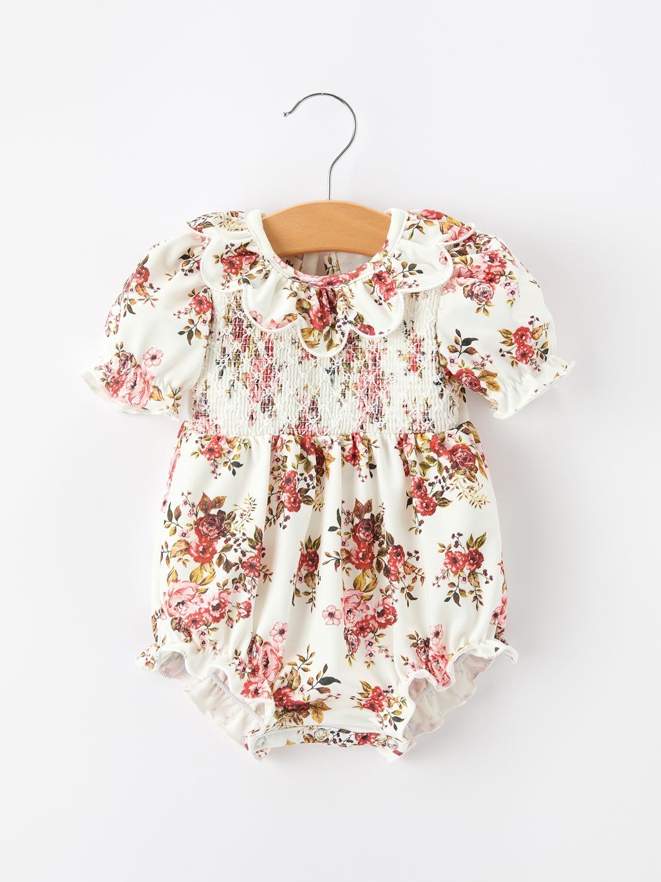 Fall Garden Baby Romper Smocked Petal Collar Bow