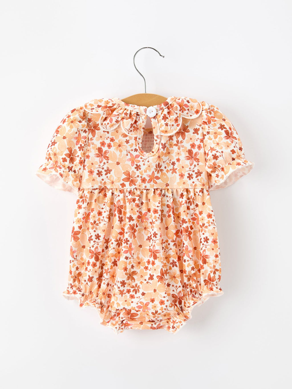 Fall Rust Floral Baby Romper Smocked Petal Collar