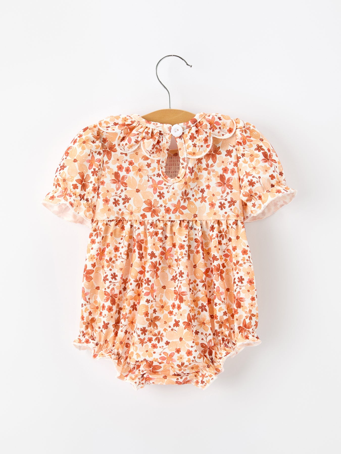 Fall Rust Floral Baby Romper Smocked Petal Collar