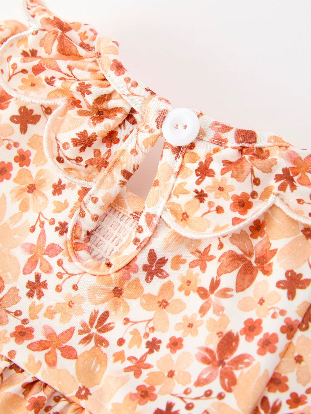Fall Rust Floral Baby Romper Smocked Petal Collar