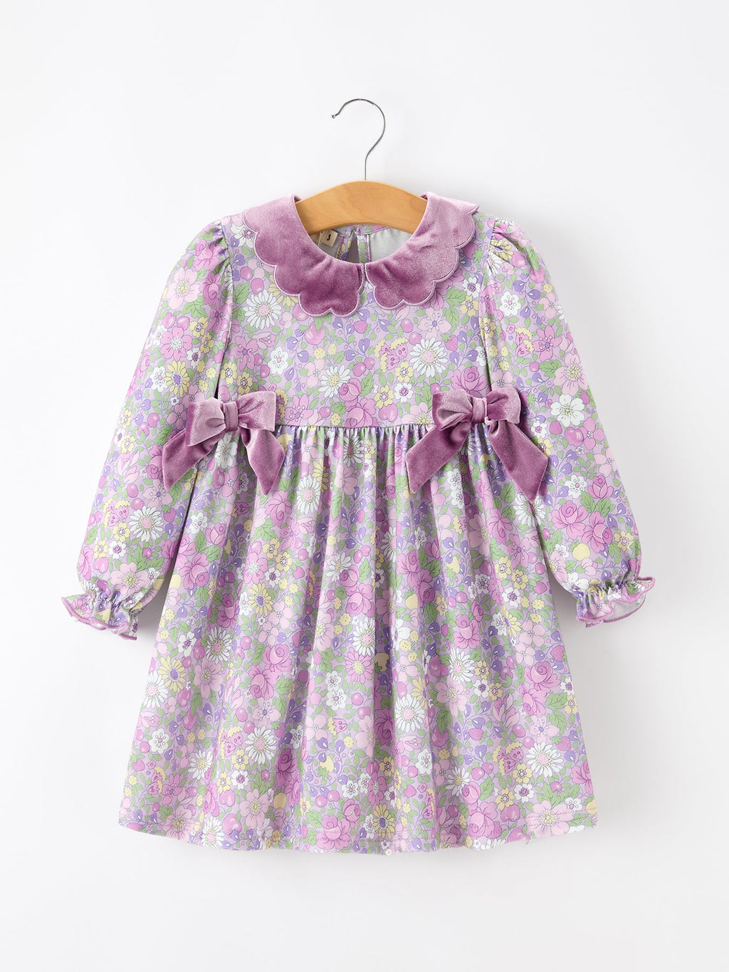 Purple Floral Girls Dress Velvet Collar Bow Long Sleeve Dress