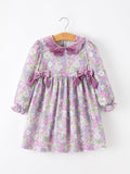 Purple Floral Girls Dress Velvet Collar Bow Long Sleeve Dress