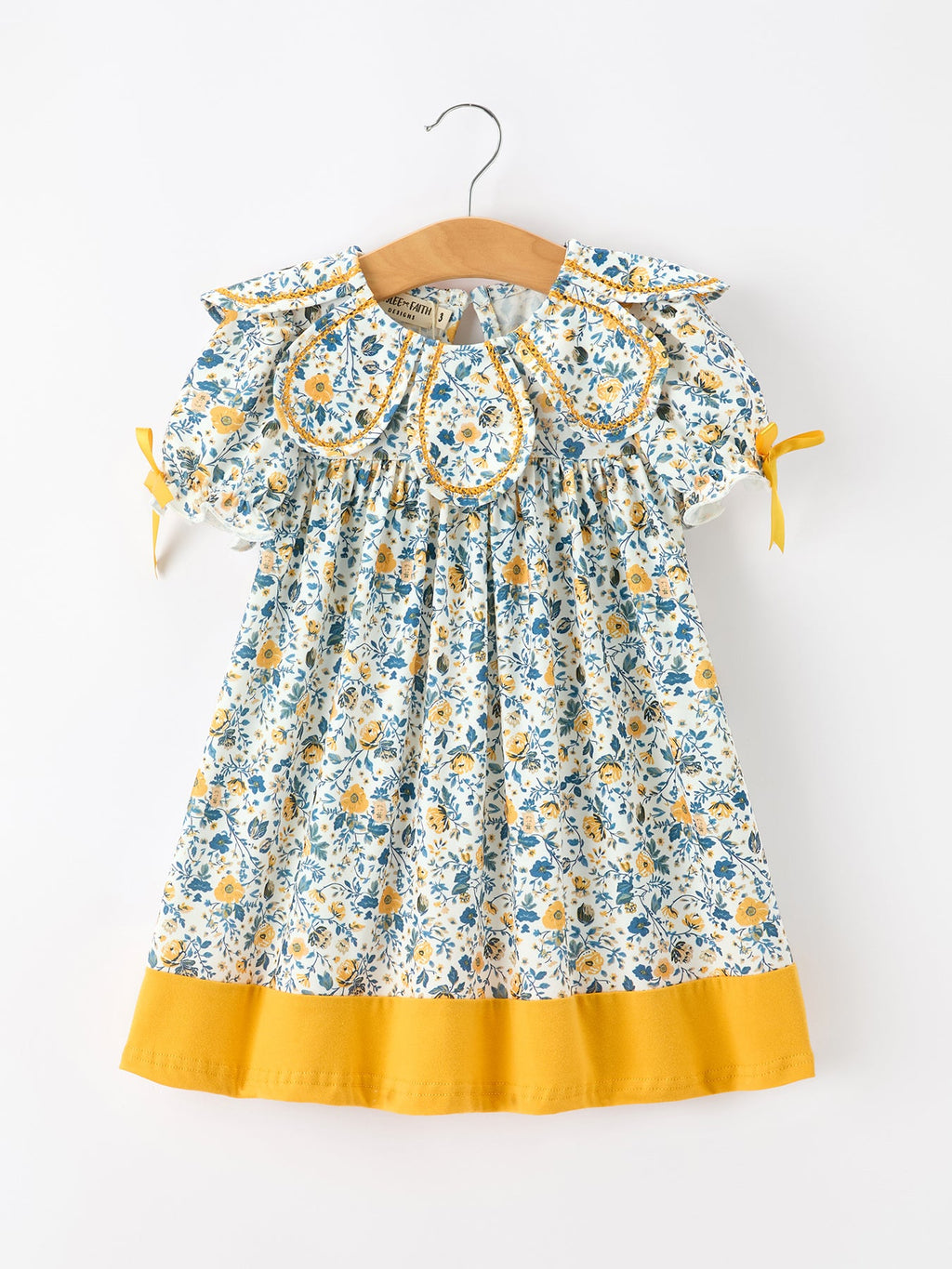Floral Girls Dress Peter Pan Collar Yellow Trim Puff Sleeve Dress