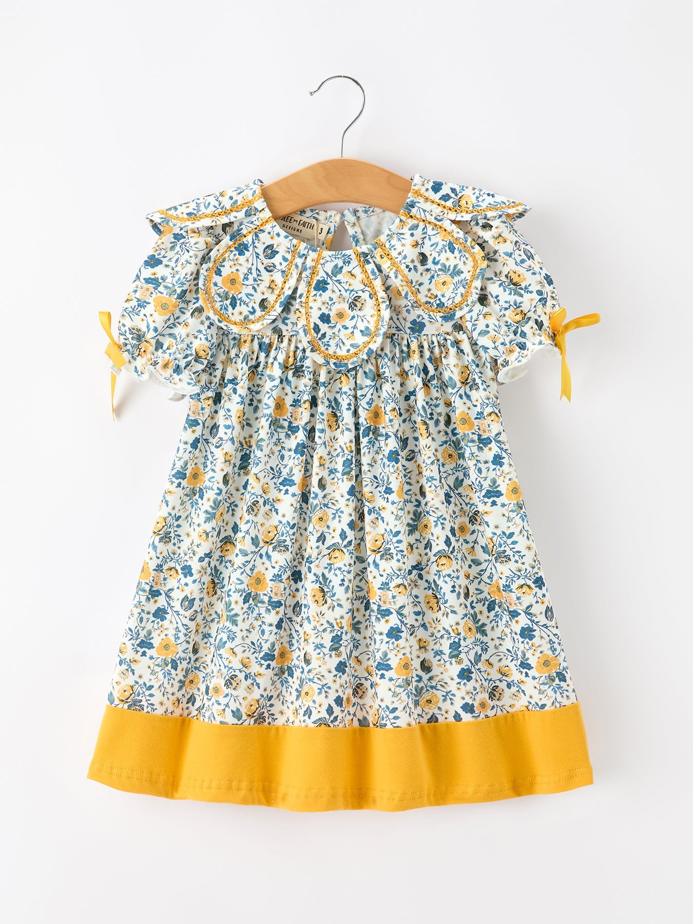 Floral Girls Dress Peter Pan Collar Yellow Trim Puff Sleeve Dress