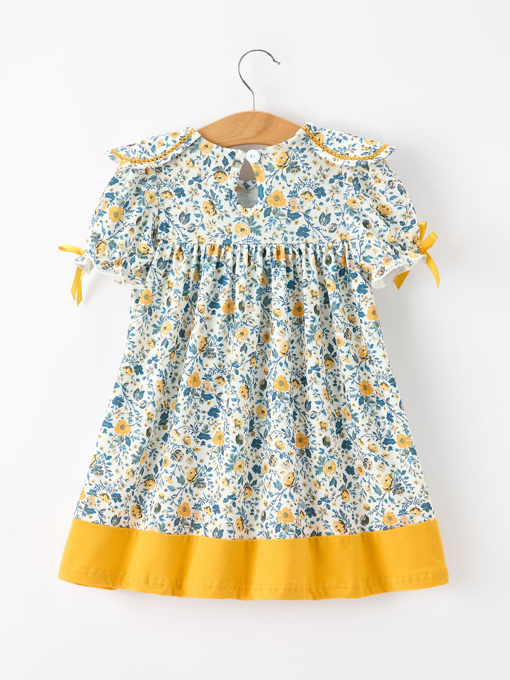 Floral Girls Dress Peter Pan Collar Yellow Trim Puff Sleeve Dress