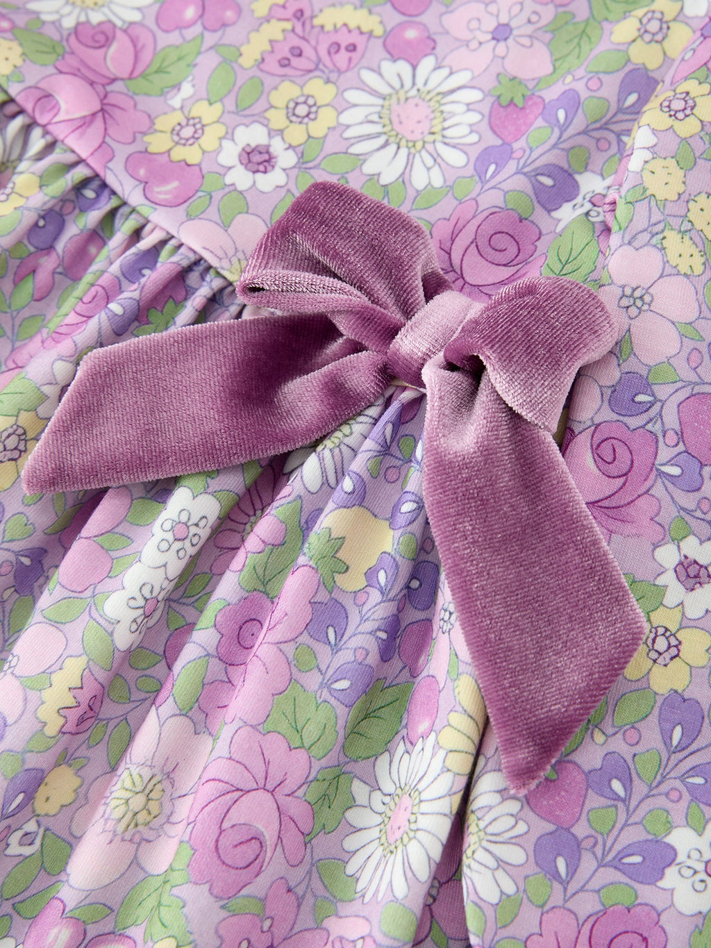 Purple Floral Girls Dress Velvet Collar Bow Long Sleeve Dress