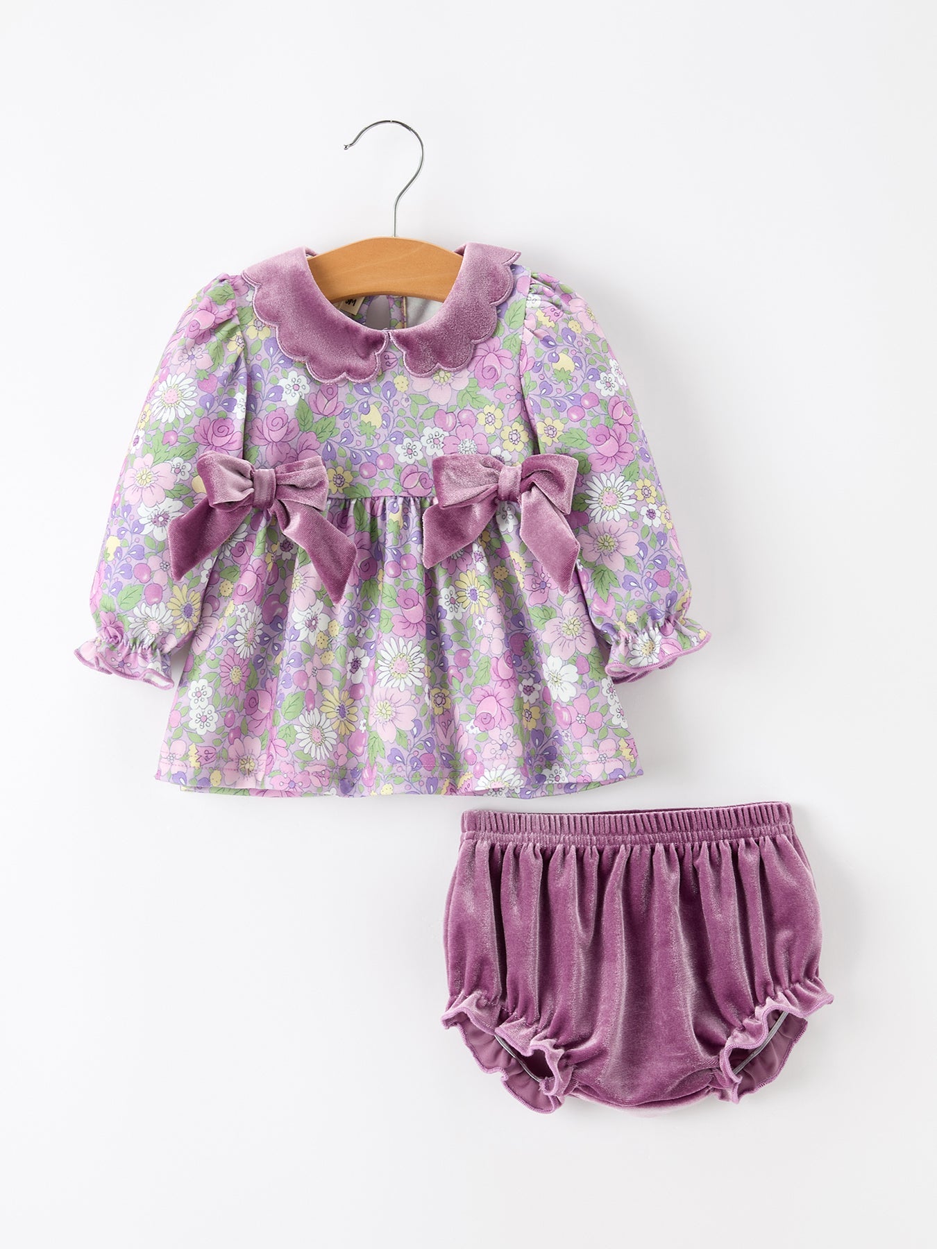 Purple Floral Velvet Baby Girl Outfit Set Ruffle Bow Bloomers