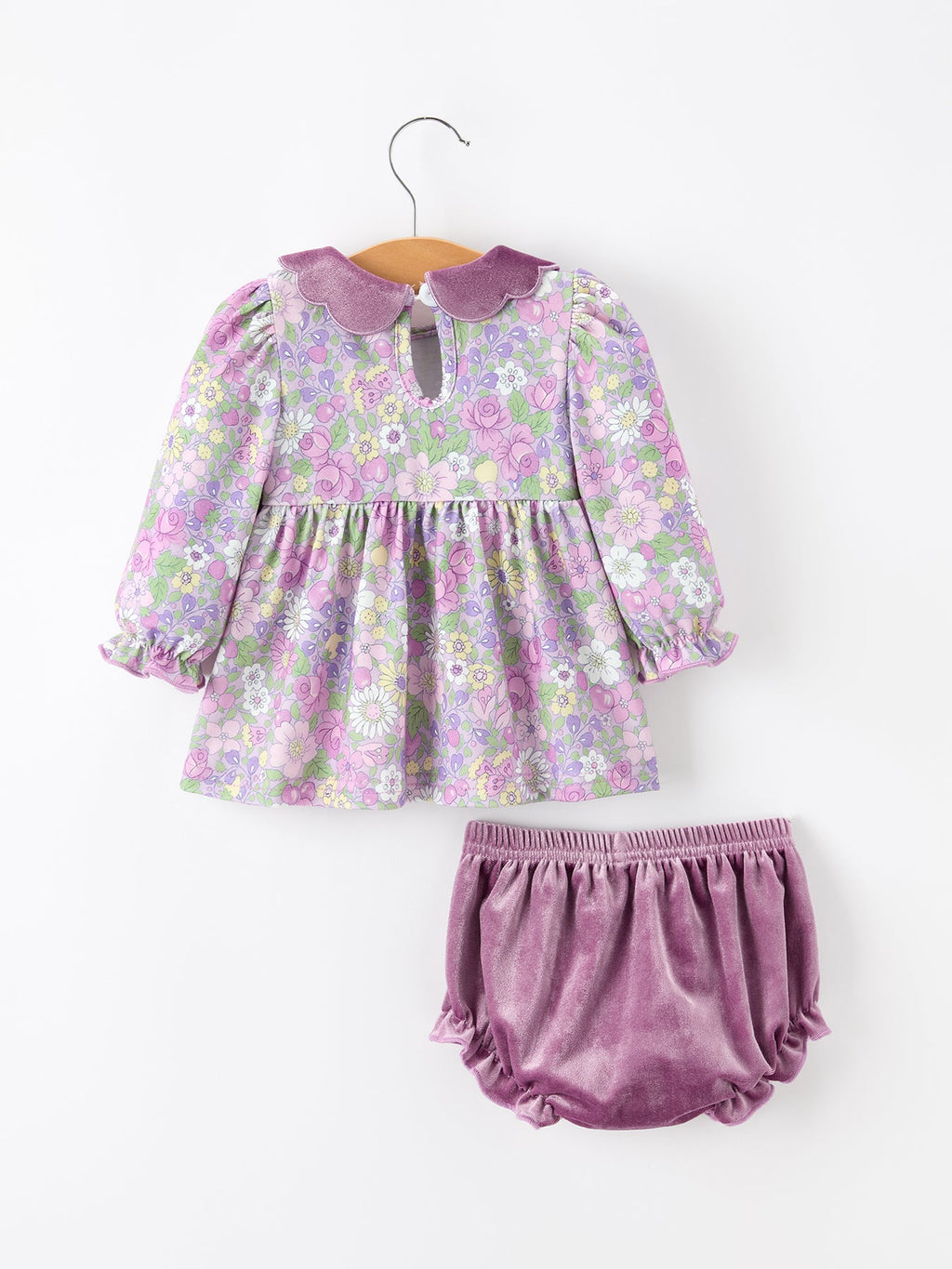 Purple Floral Velvet Baby Girl Outfit Set Ruffle Bow Bloomers