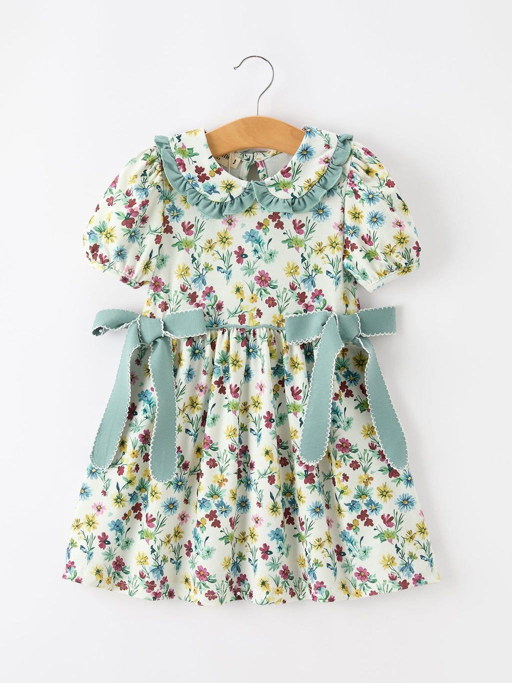Green Floral Girls Dress Petal Collar Bow Waist Puff Sleeve Dress
