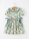 Green Floral Girls Dress Petal Collar Bow Waist Puff Sleeve Dress